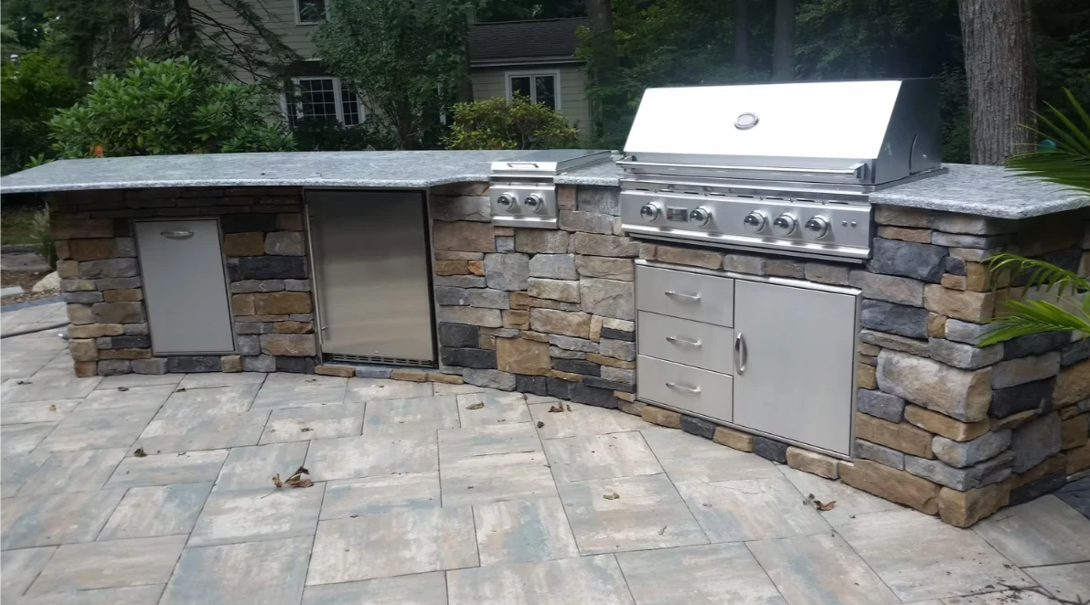 Stone fire pit in backyard